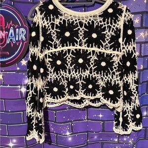NEW POL Black and Cream Crochet Long-Sleeve Women's Top- OS